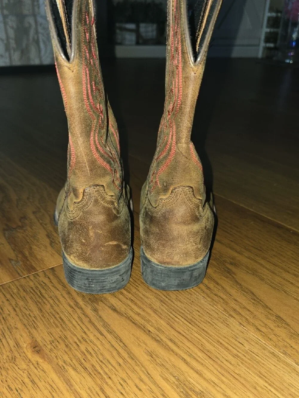 Ariat Kids Quick Draw Brown Cowboy Boots with Red Stitching Size 4